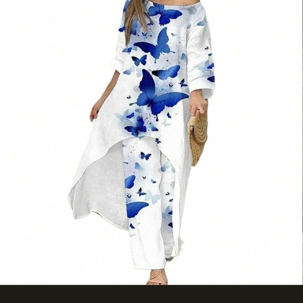 2pc White and Blue Butterfly High Low Pants Set